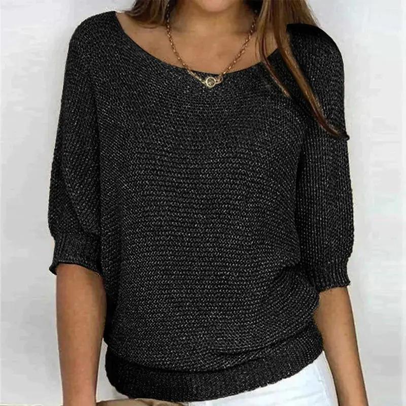 Women's textured knit pullover sweater relaxed fit wide neckline half sleeves effortless layering