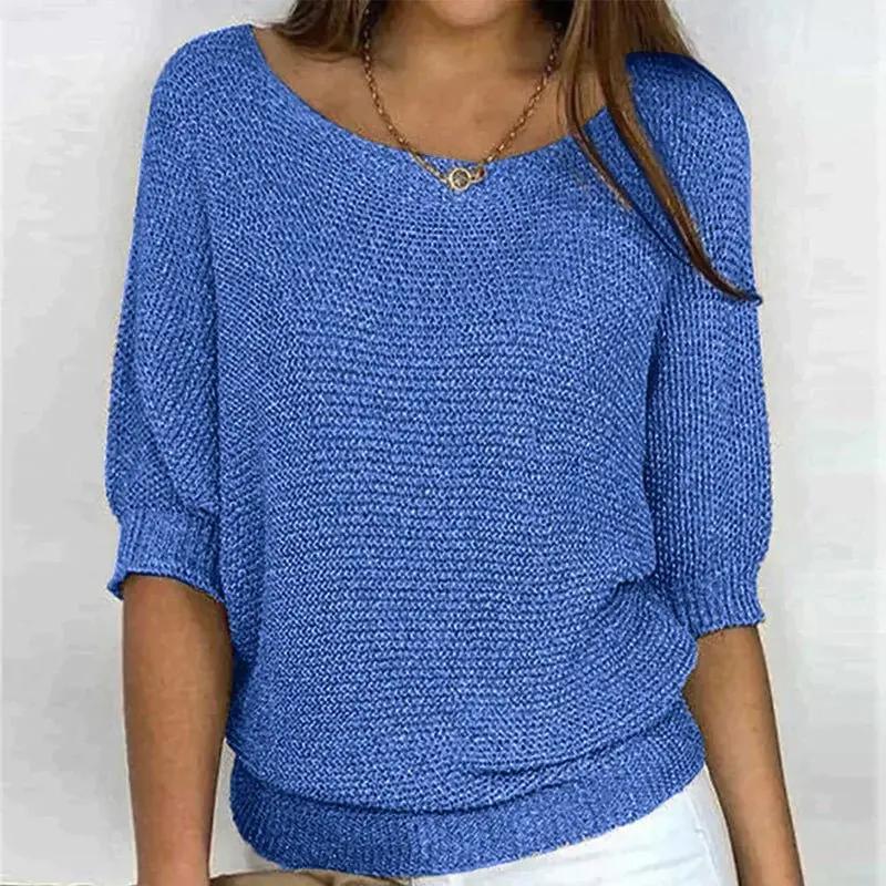 Women's textured knit pullover sweater relaxed fit wide neckline half sleeves for effortless layering