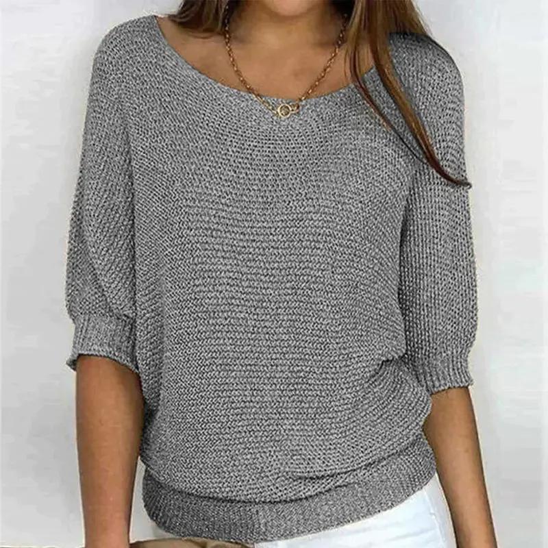 Women's textured knit pullover sweater relaxed fit wide neckline half-sleeve cozy layering style