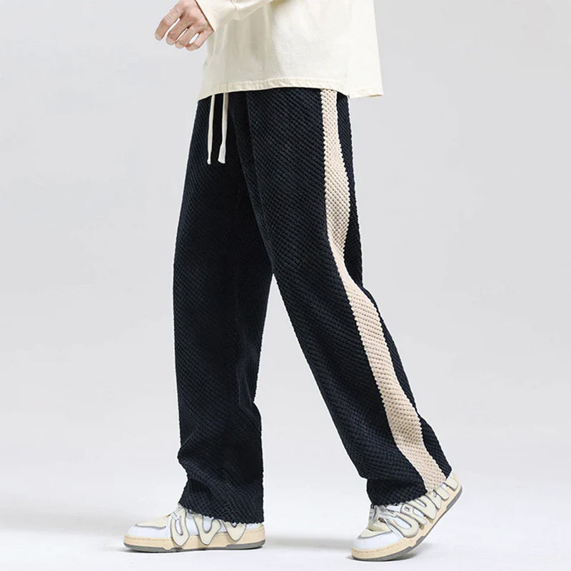 Men's gray textured striped relaxed fit lounge pants with adjustable drawstring waist for all-day comfort