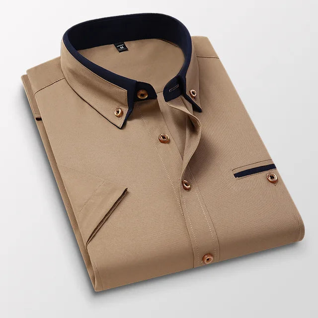 Men's short sleeve dress shirt with spread collar and button placket, breathable lightweight classic fit