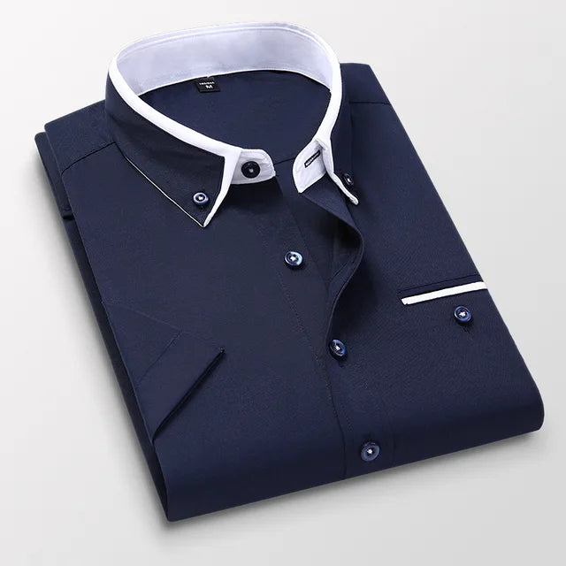 Men's short sleeve dress shirt classic spread collar button placket breathable slim fit timeless style