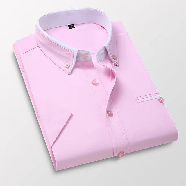 Men's short sleeve dress shirt with spread collar and button placket, breathable classic style