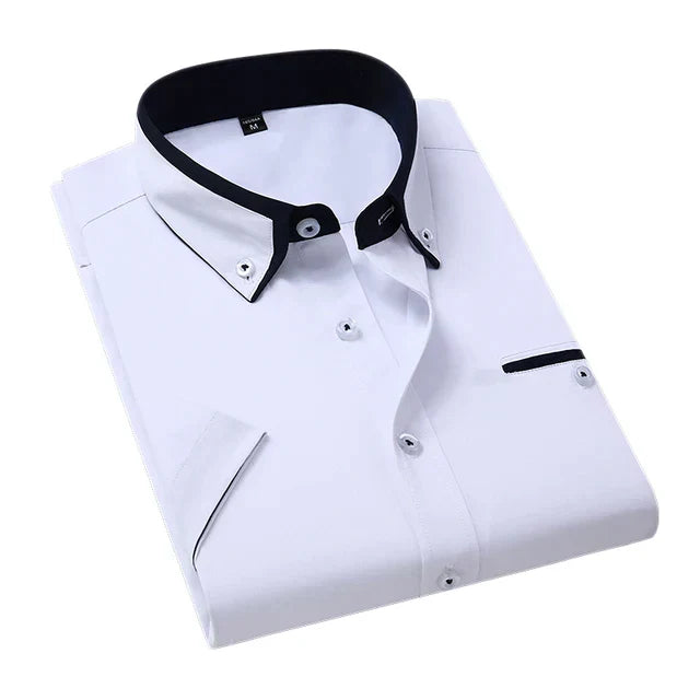 Men's short sleeve dress shirt classic spread collar button placket breathable lightweight timeless style