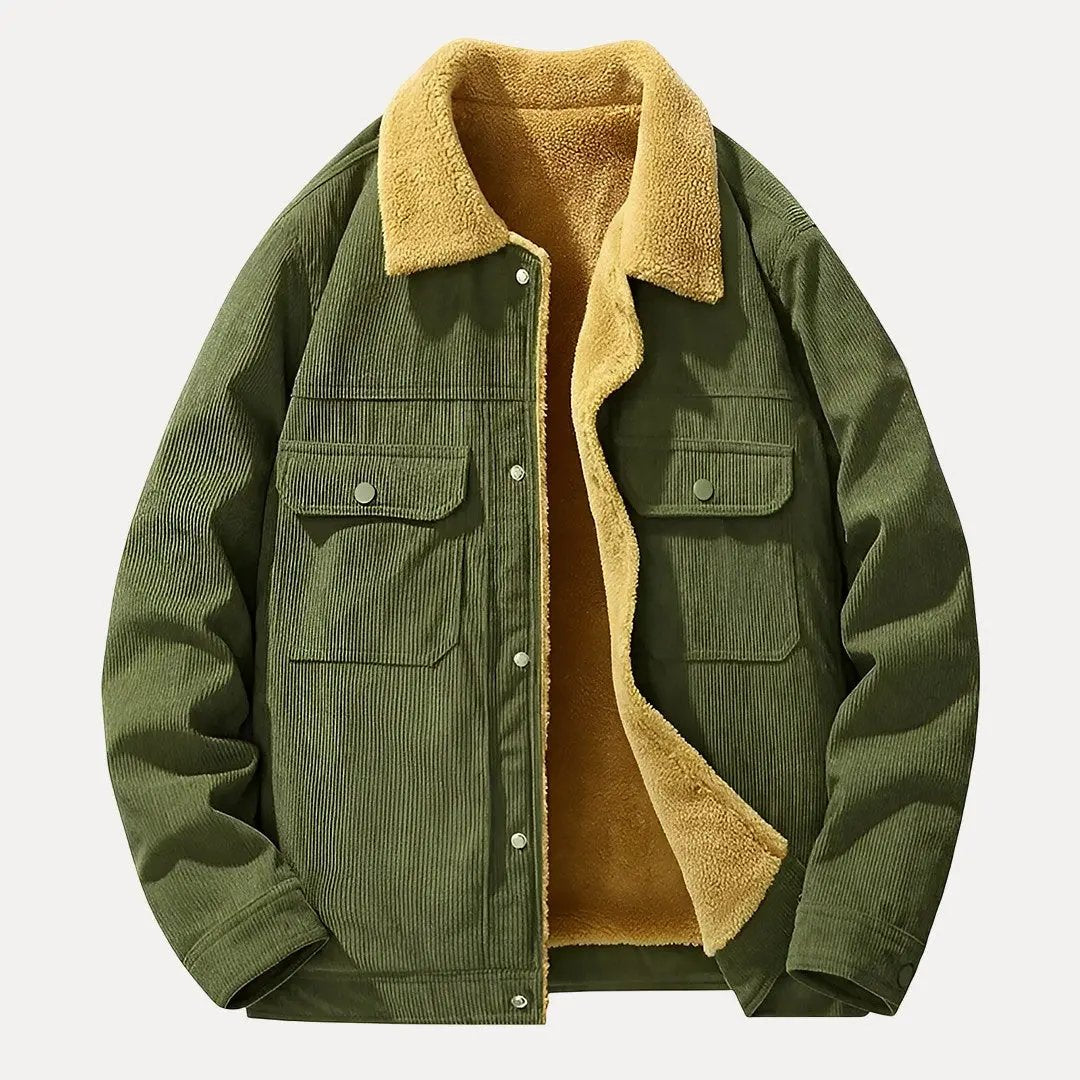 Men's brown corduroy jacket fleece-lined classic fit with button front closure for all-day warmth
