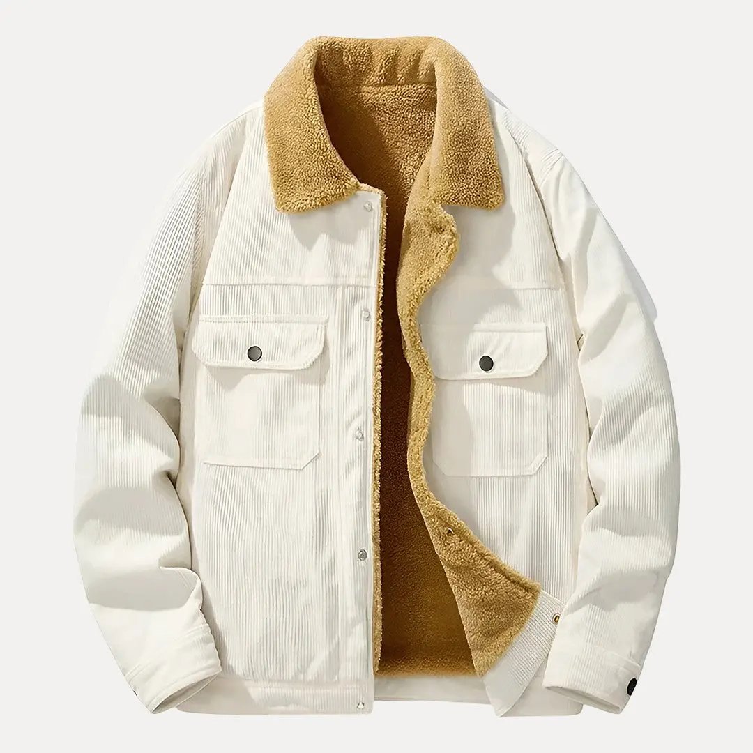 Men's brown corduroy jacket fleece-lined classic fit with button closure for all-day warmth