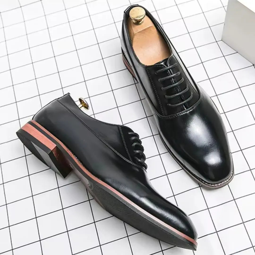 Men's black glossy leather Oxford dress shoes square toe seamless construction power silhouette