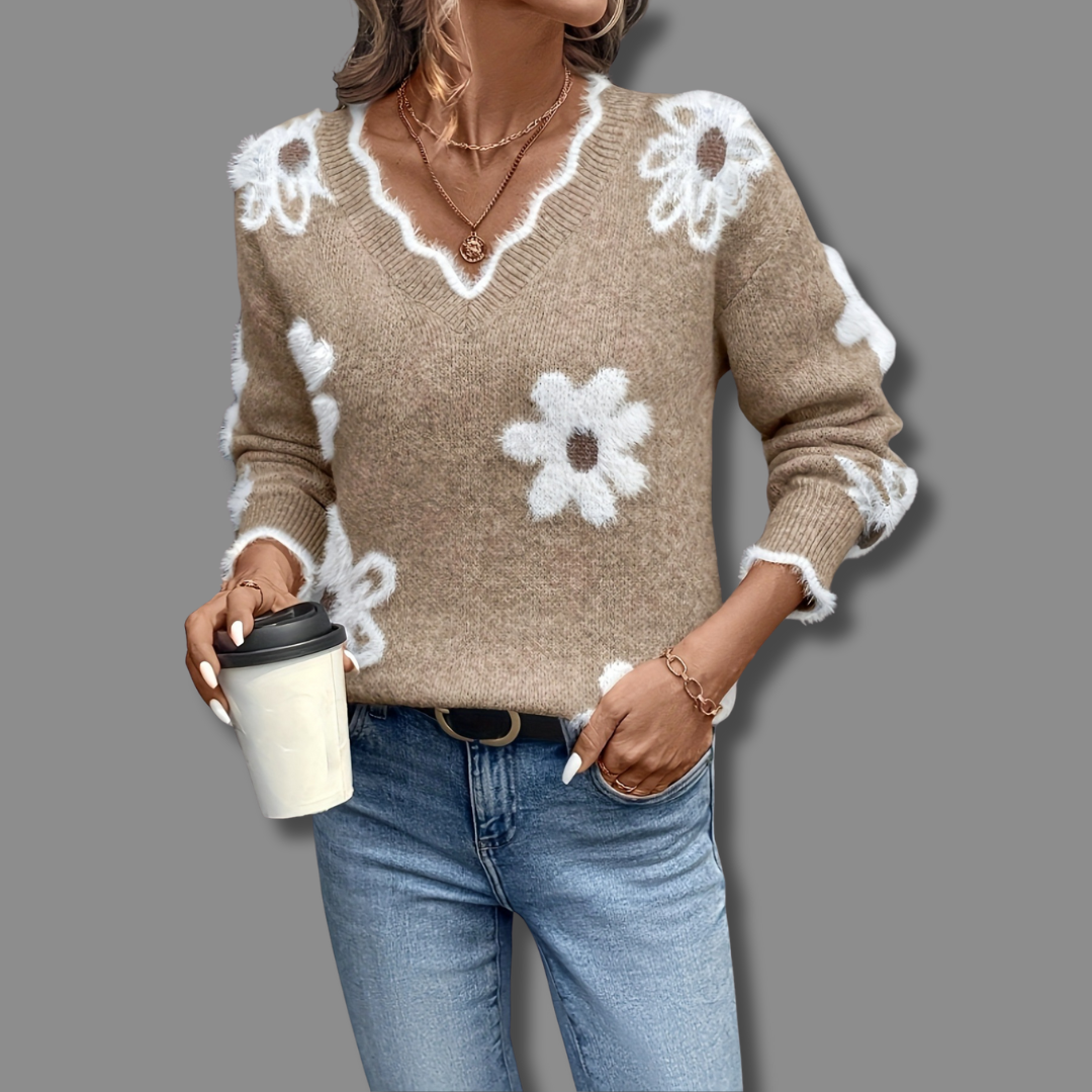 Women's oversized floral knit sweater, soft plush texture, relaxed V-neck, everyday comfort fit