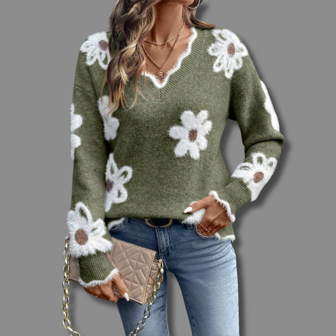 Women's oversized floral knit sweater, soft plush texture, relaxed V-neck, everyday comfort fit