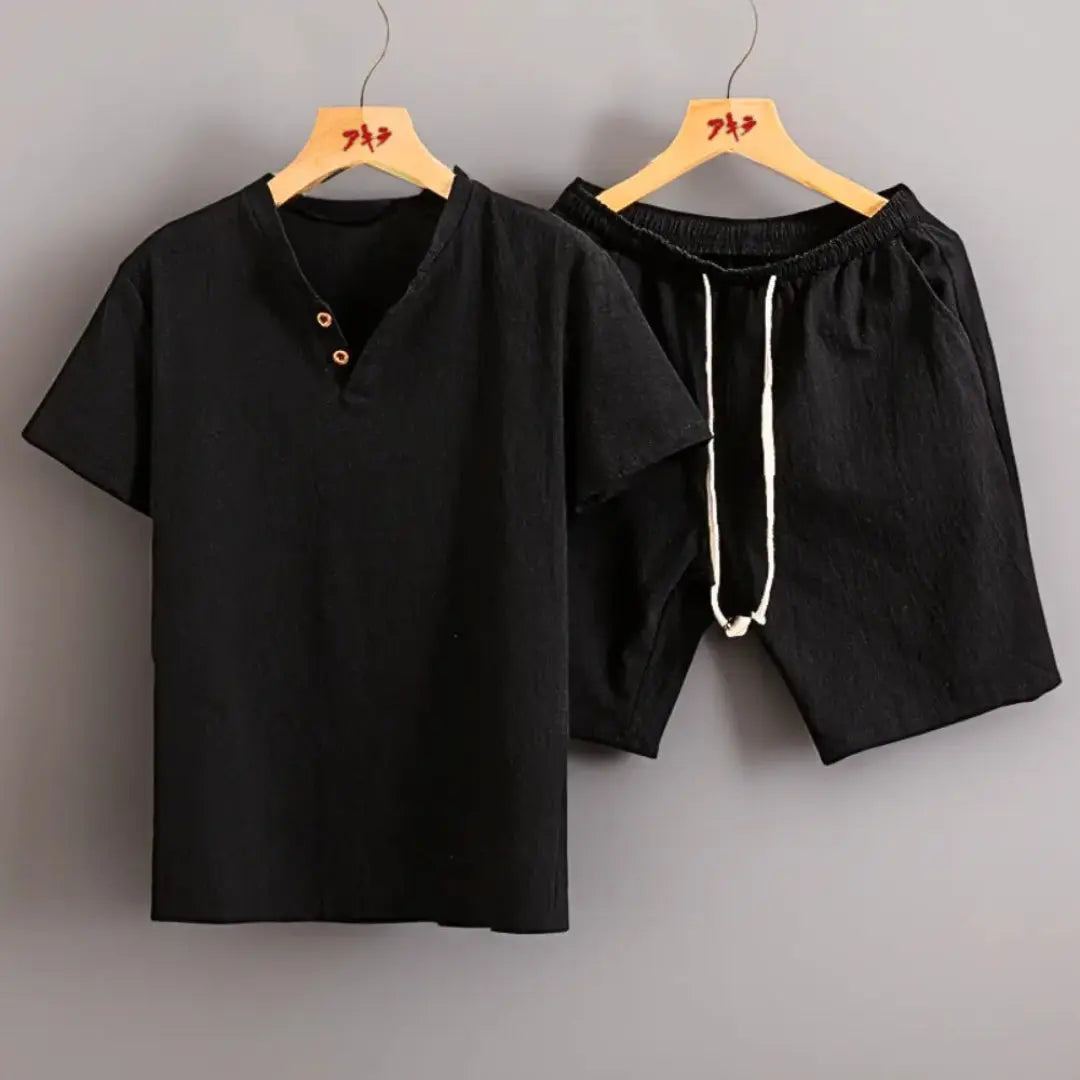 Women's linen-look two-piece set with buttoned V-neck tee and elastic waist shorts, lightweight comfort