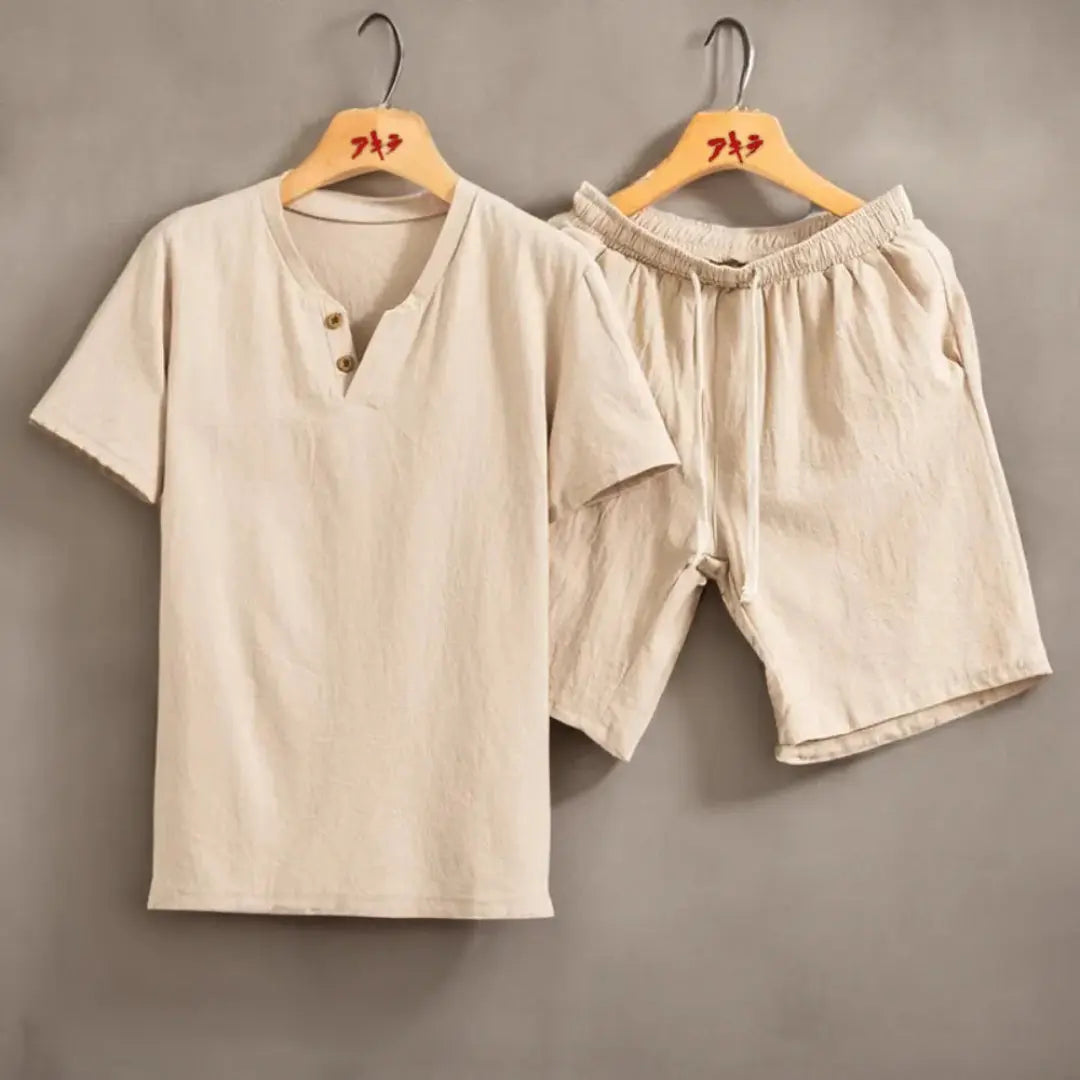Women's beige linen-look two-piece set with buttoned V-neck tee and elastic waist shorts