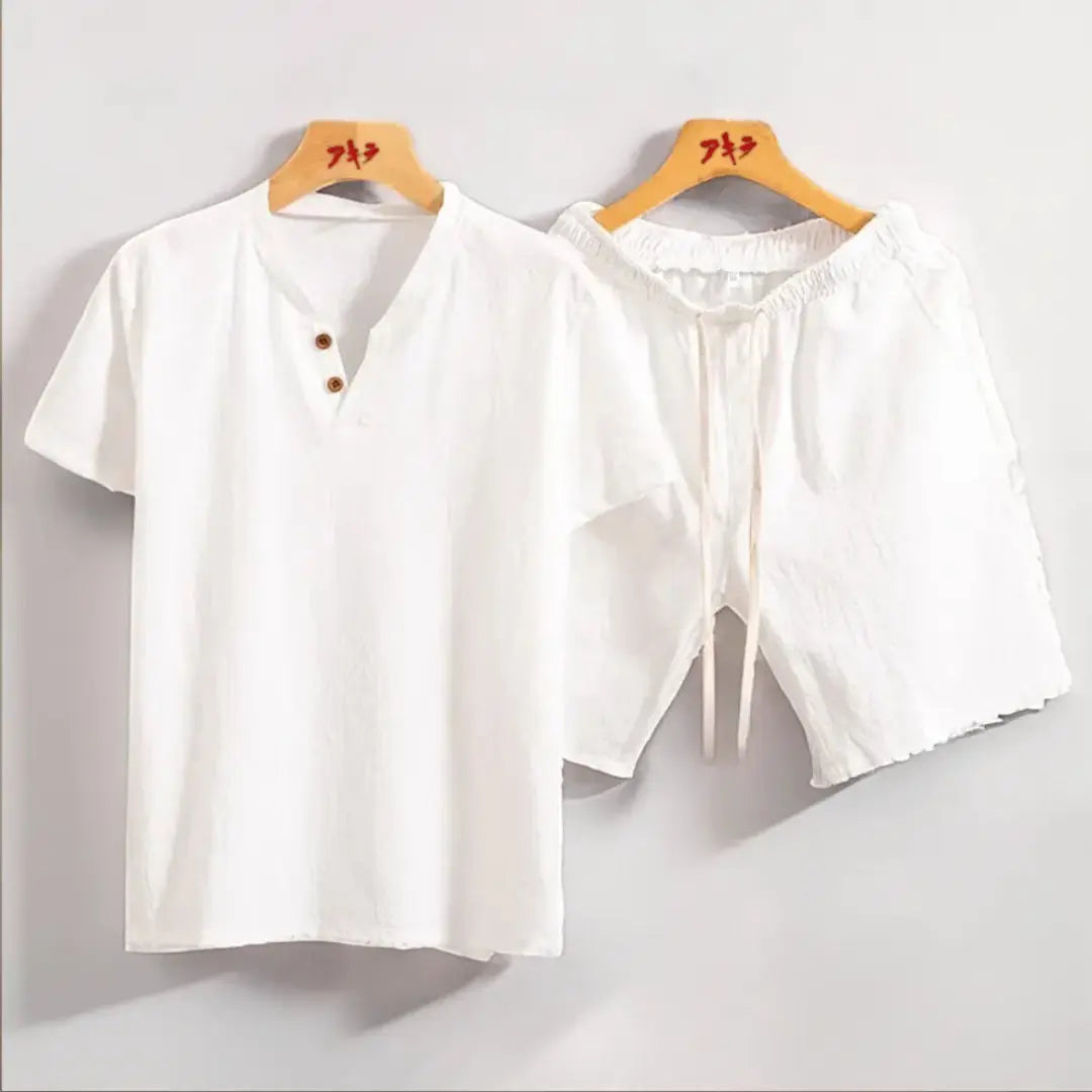 Women's linen-look two-piece set beige V-neck buttoned tee elastic waist shorts lightweight comfort