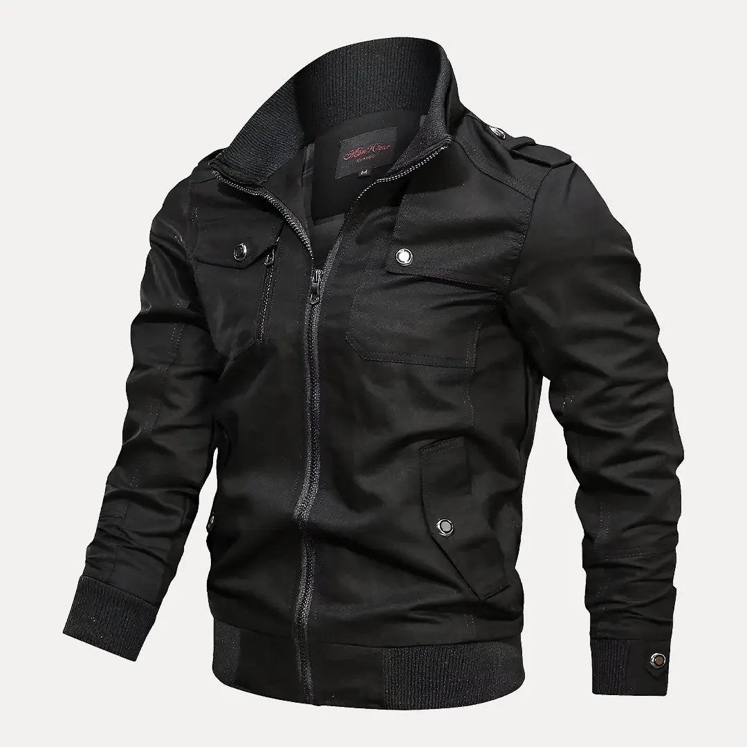 Men's slim fit olive military bomber jacket windbreaker with tactical design and rugged style