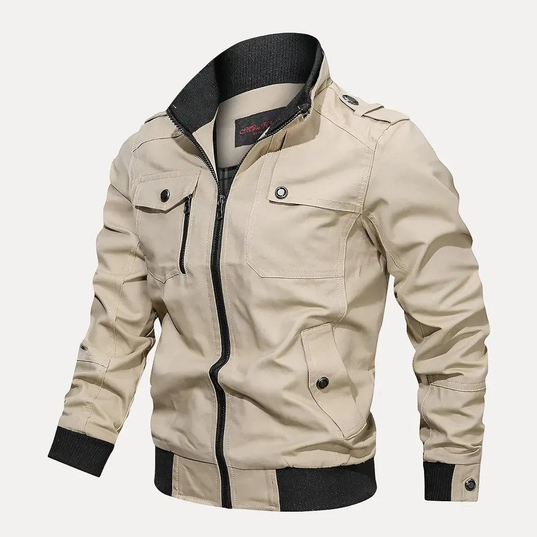 Men's slim fit military bomber jacket in olive green windbreaker fabric with tactical zipper detailing