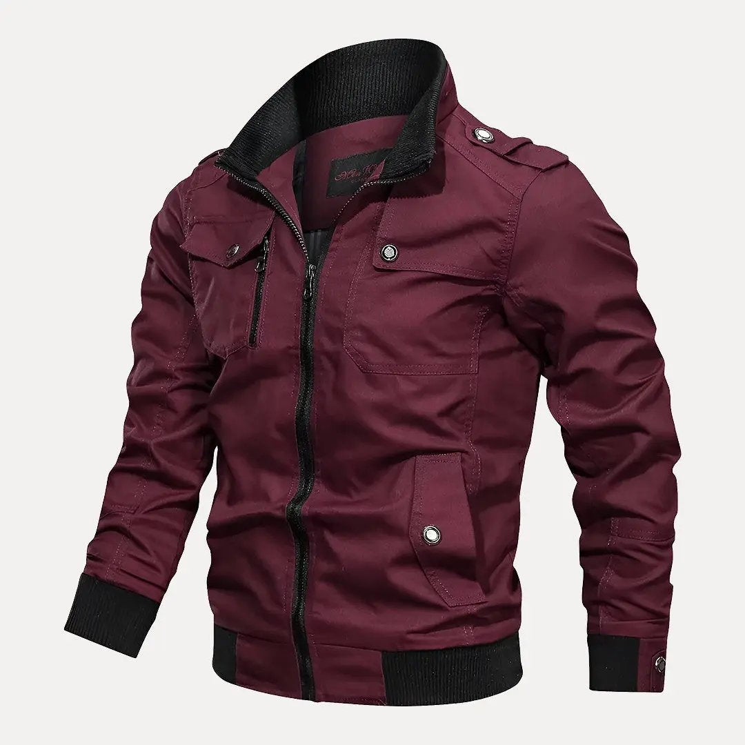 Men's olive slim fit military bomber jacket windbreaker with tactical design and rugged style