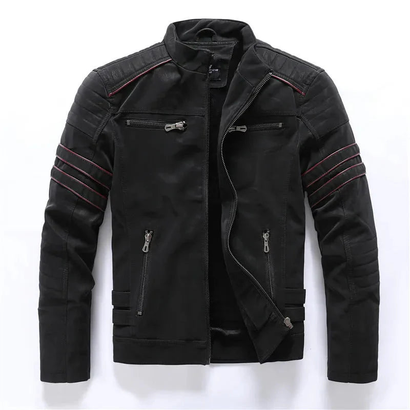 Men's black moto biker jacket with precision-stitched panels, zippered details, and weather-resistant build