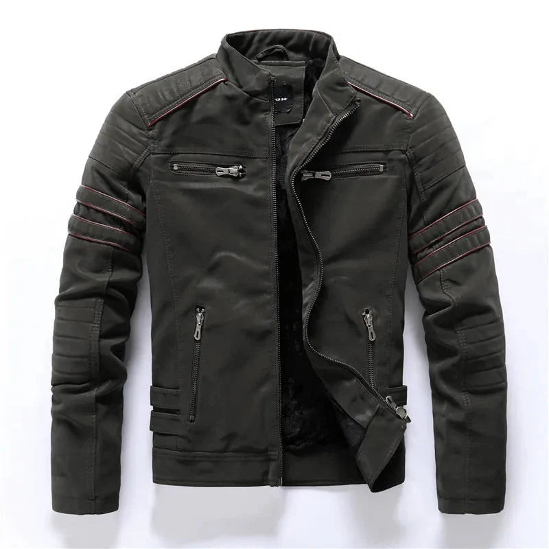 Men's black moto biker jacket with precision stitched panels and weather-resistant zippered details