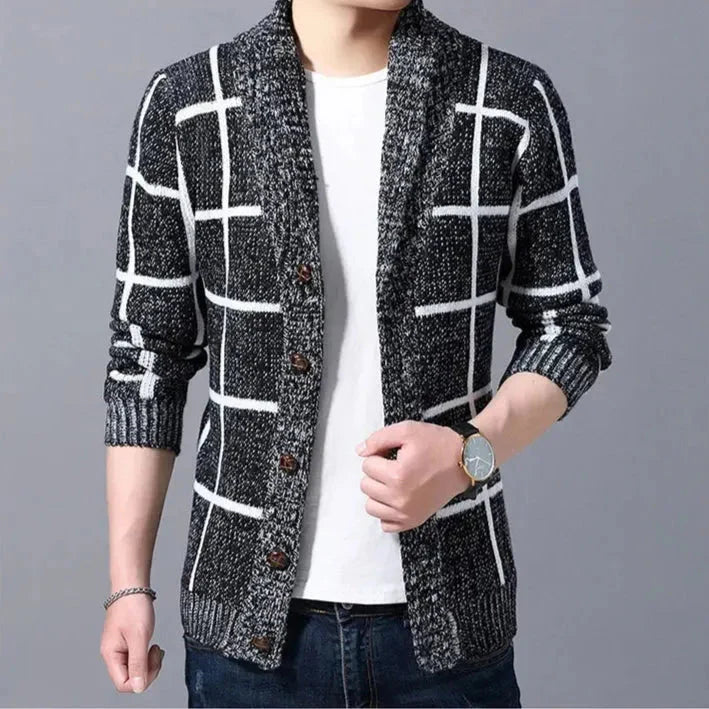 Men's plaid shawl collar cardigan premium knit bold pattern casual smart layering essential