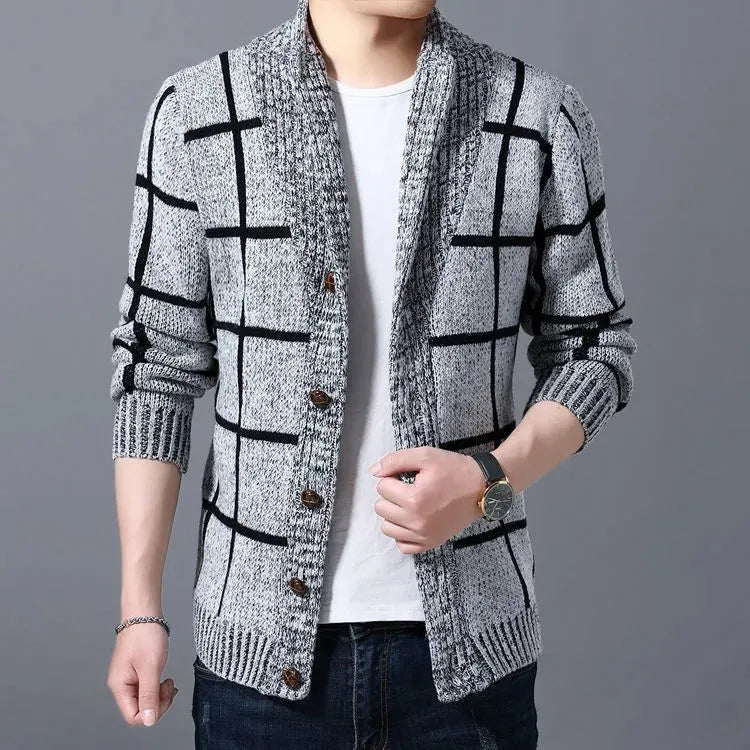 Men's plaid shawl collar cardigan premium knit bold pattern smart casual layering essential