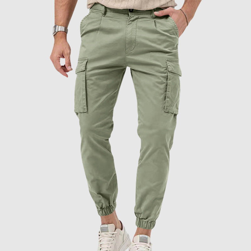 Men's mid-rise straight-leg cargo pants in neutral tone, breathable no-iron fabric with multiple pockets
