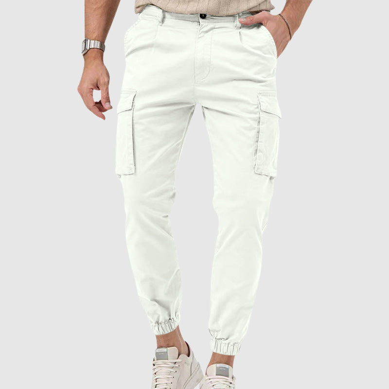 Men's mid-rise straight-leg active cargo pants with breathable no-iron fabric and multiple utility pockets