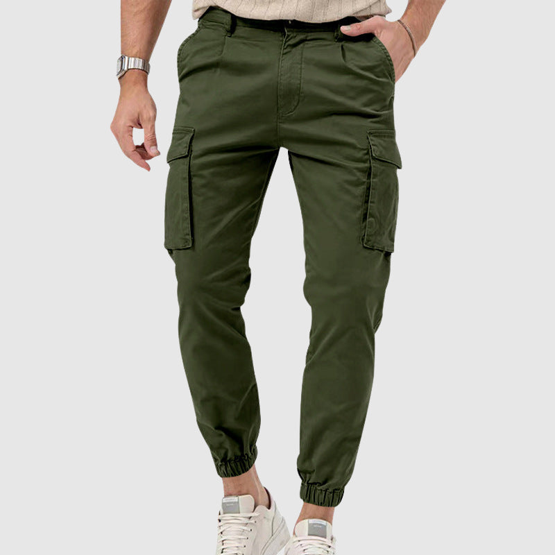 Men's mid-rise straight-leg active cargo pants in neutral tone with breathable no-iron fabric and multiple pockets