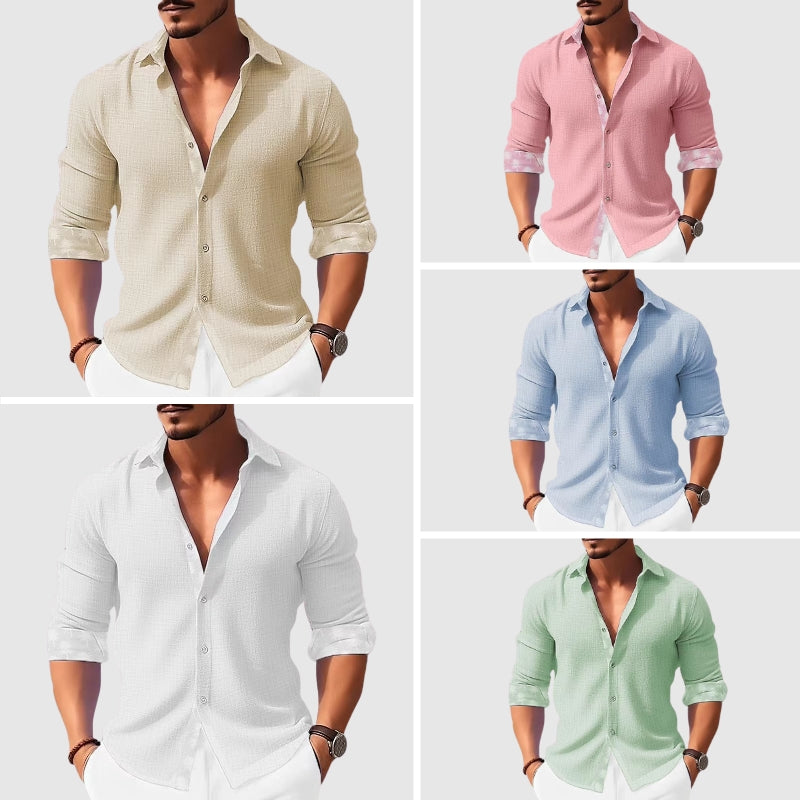 Men's Adriatic blue breathable polyester casual shirt with turn-down collar and button-front closure