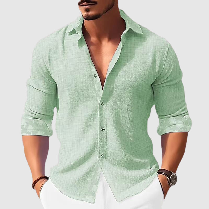 Men's Adriatic blue breathable polyester casual shirt with turn-down collar and button-front closure