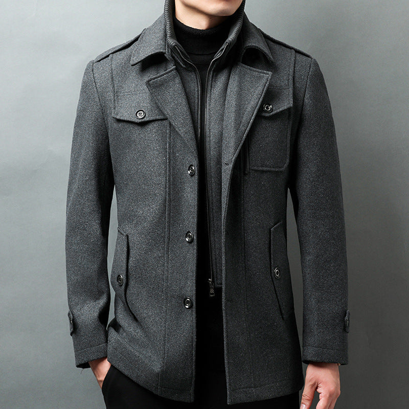 Men tailored fit wool jacket with button closure and shoulder straps in premium modern style
