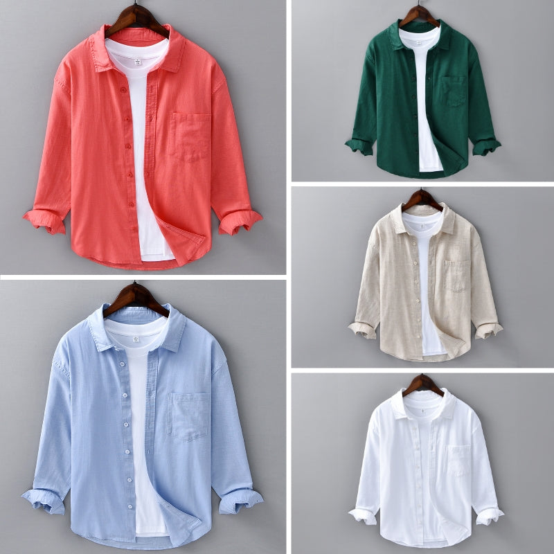 Men's azure blue linen blend shirt relaxed fit breathable summer style with chest pocket