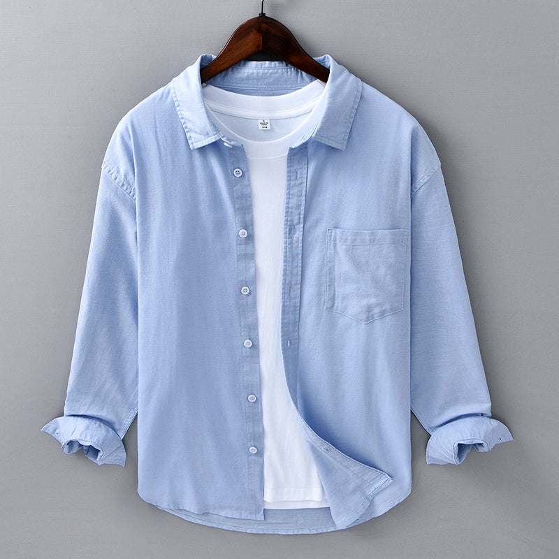 Men's azure blue linen blend shirt relaxed fit breathable summer style with chest pocket