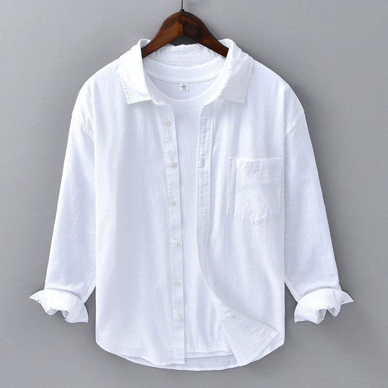 Men's azure blue linen blend shirt relaxed fit breathable summer style with chest pocket