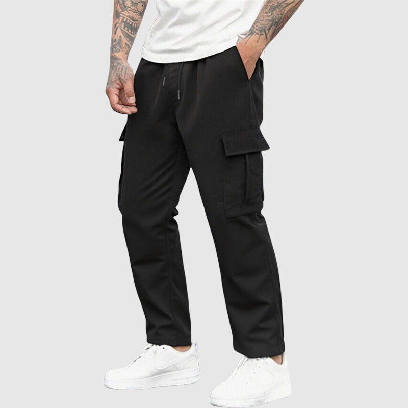Men's blue cargo trousers relaxed fit with elastic drawstring waist and utility flap pocket