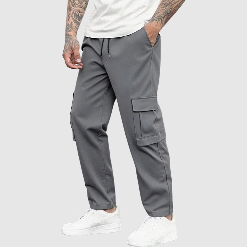 Men's blue cargo trousers relaxed fit with elastic drawstring waist and utility flap pocket