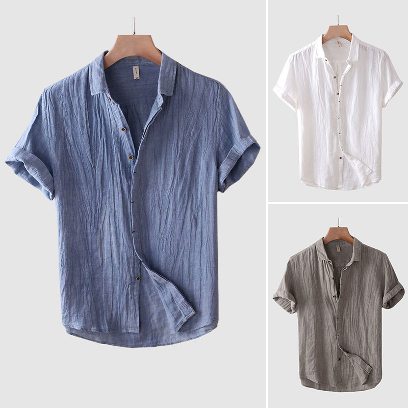 Men's white linen short-sleeve shirt turn-down collar button-up lightweight beach summer style