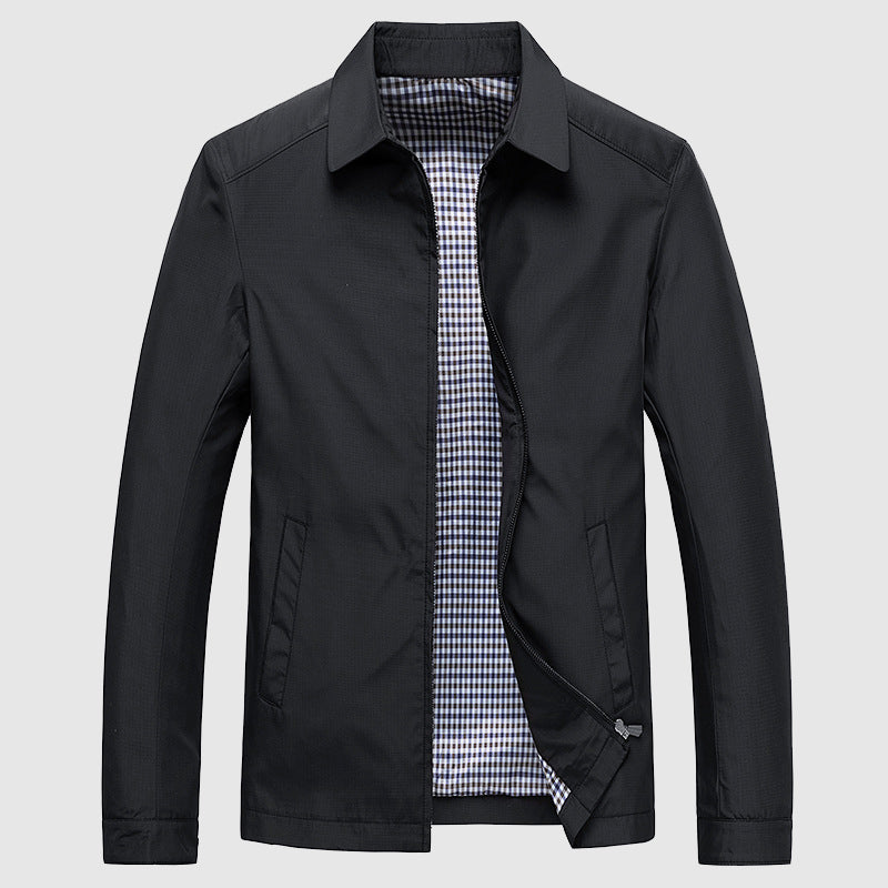 Men's slim fit navy jacket zipper closure tailored cut versatile casual semi-formal style