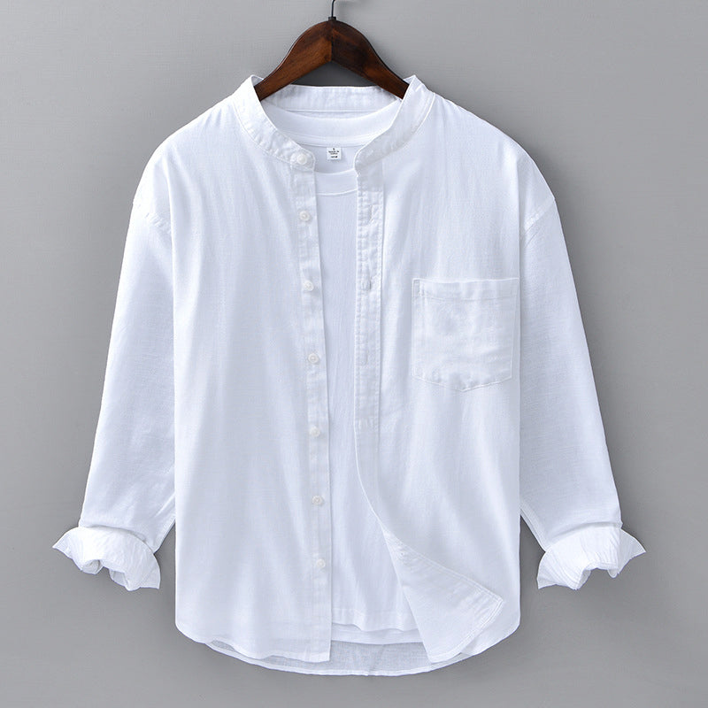 Men's casual linen shirt stand collar chest pocket breathable lightweight everyday wear multiple colors
