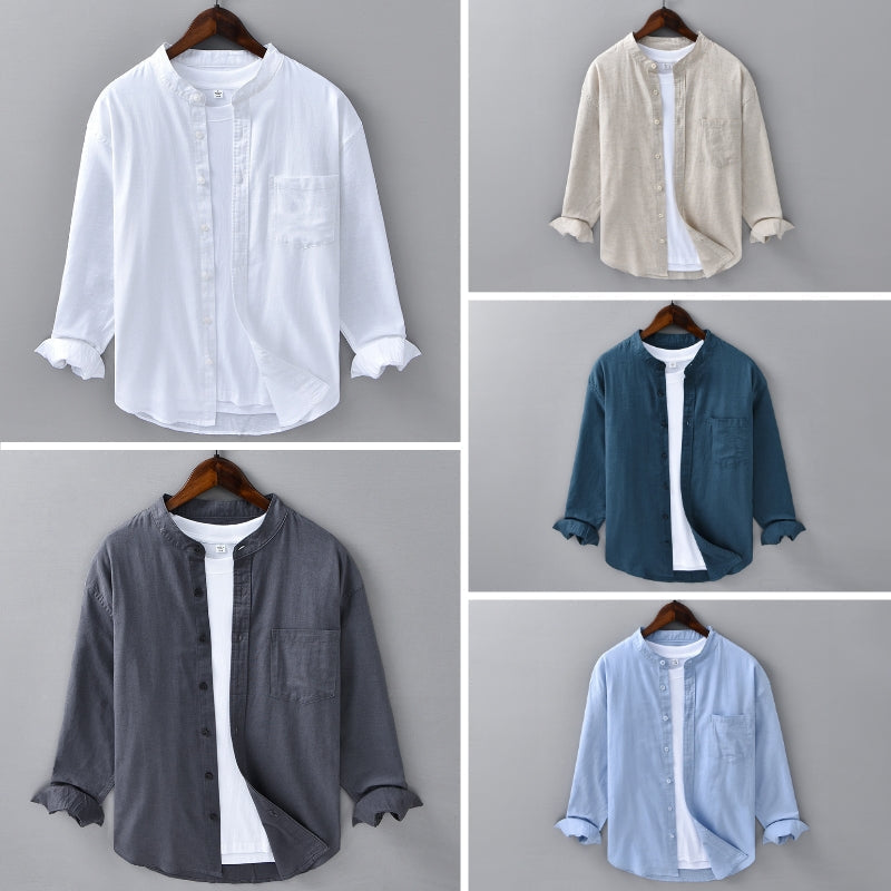 Men's casual linen shirt stand collar chest pocket breathable lightweight everyday wear multiple colors