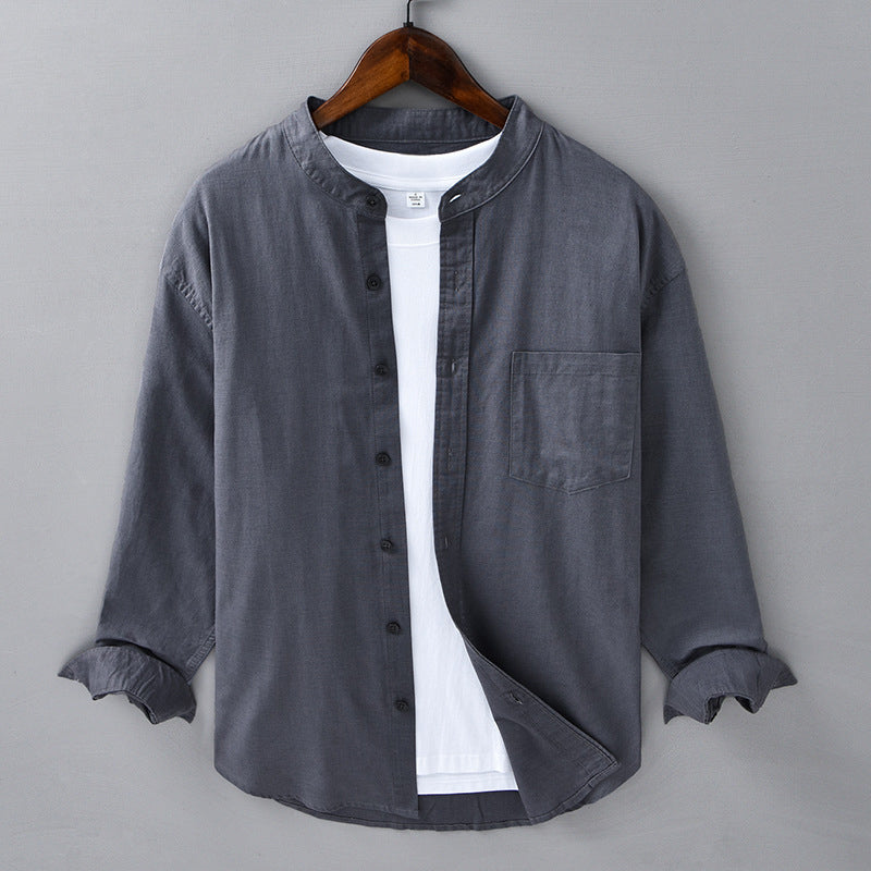 Men's casual linen shirt stand collar chest pocket breathable lightweight everyday wear multiple colors