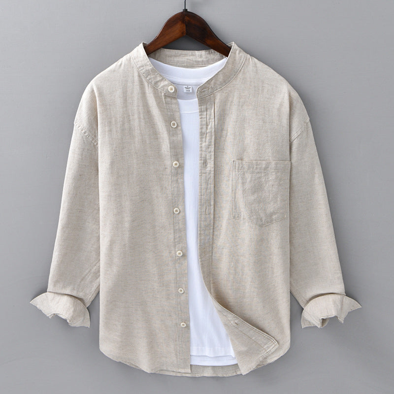 Men's casual linen shirt stand collar chest pocket lightweight breathable everyday wear multiple colors