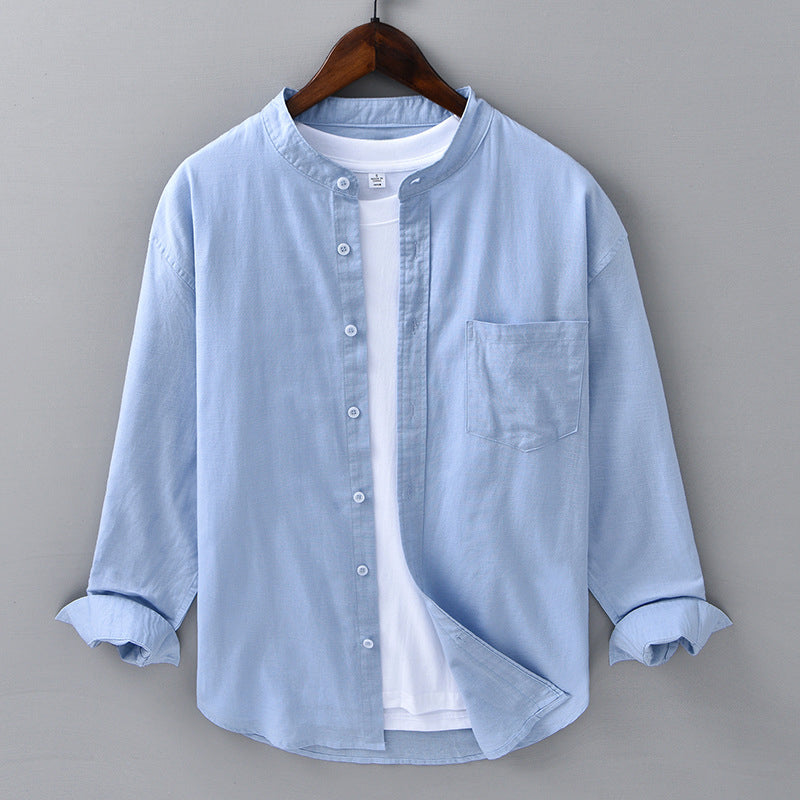 Men's casual linen shirt relaxed fit stand collar chest pocket breathable everyday wear