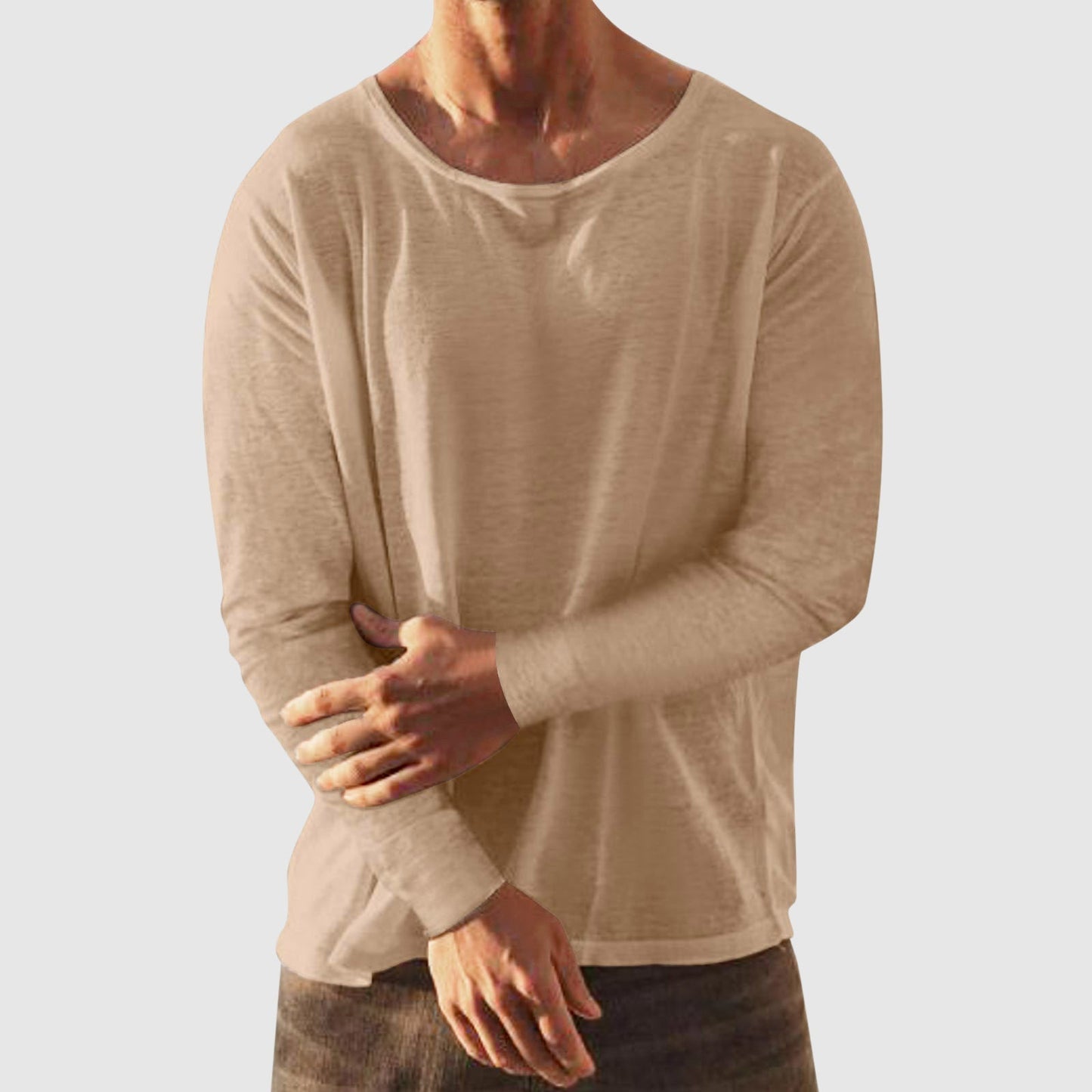 Unisex linen-cotton casual shirt in neutral tone, round neckline, relaxed city-style fit for daily wear