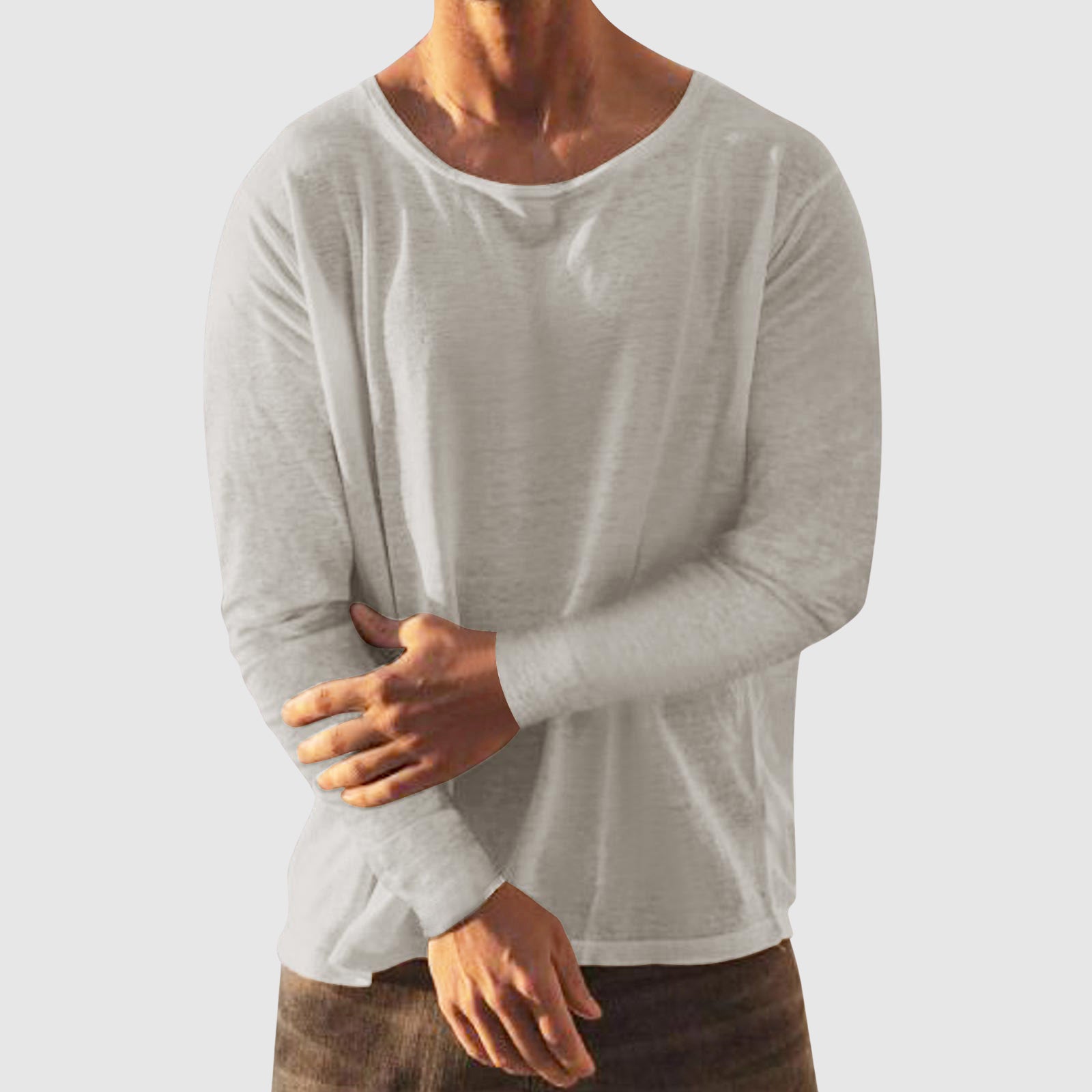 Unisex linen-cotton blend casual shirt in neutral tones, round neckline, relaxed city-style fit