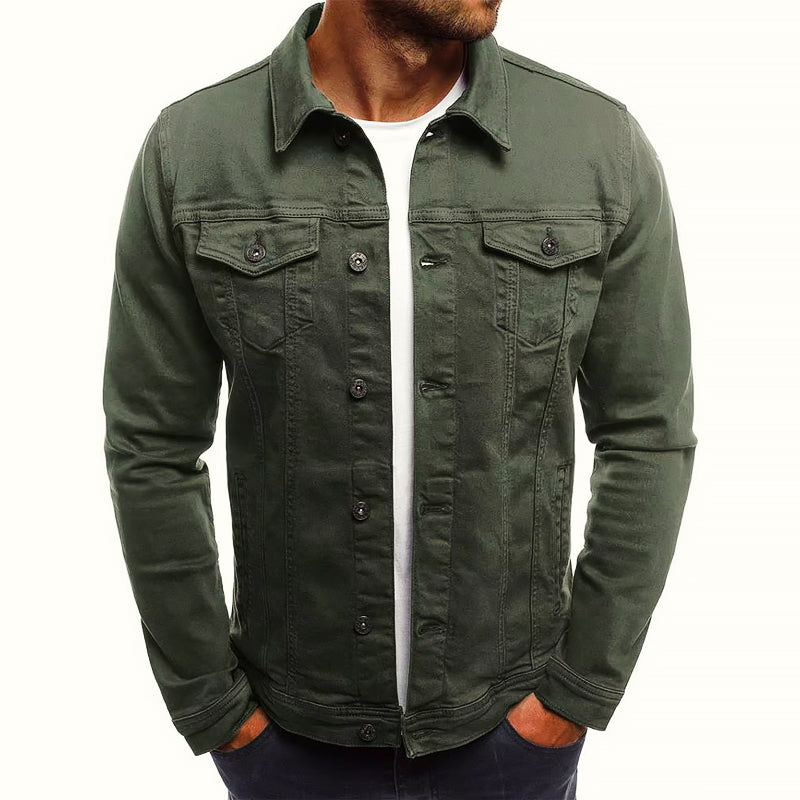 Men's slim fit denim jacket modern silhouette two chest pockets versatile cotton blend layer