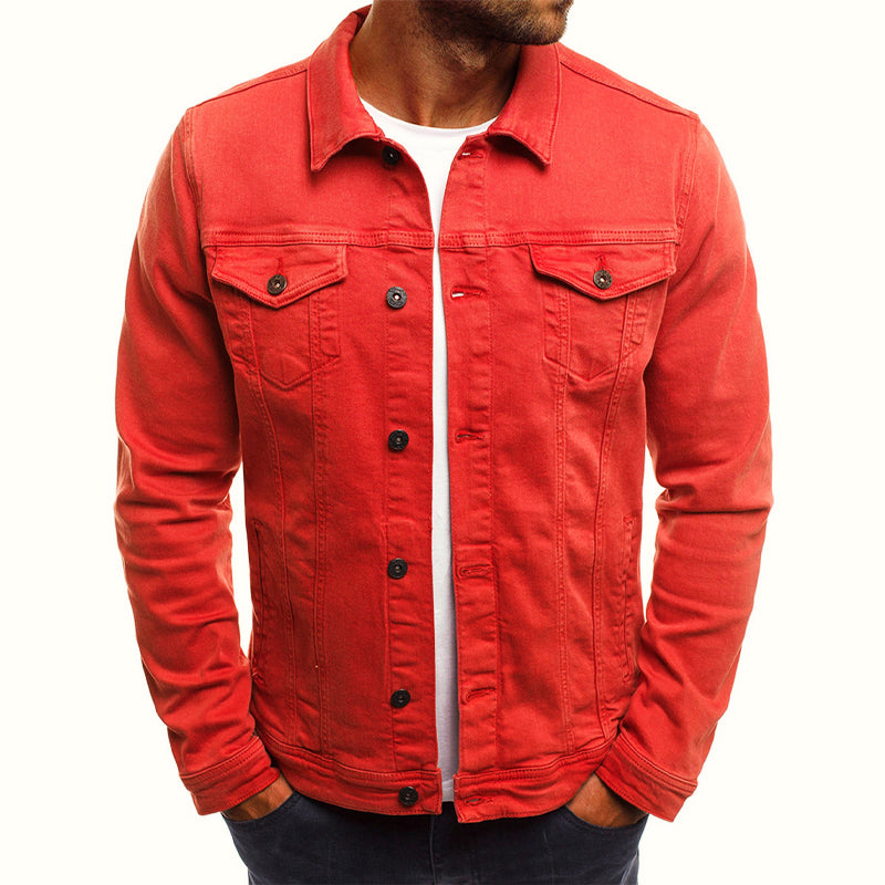 Men's slim fit denim jacket modern silhouette two chest pockets versatile cotton blend layer