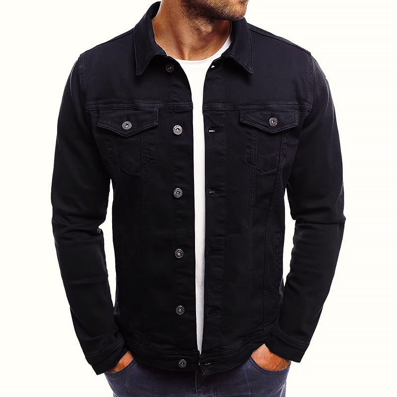 Men's slim fit denim jacket modern silhouette two chest pockets versatile cotton blend layer
