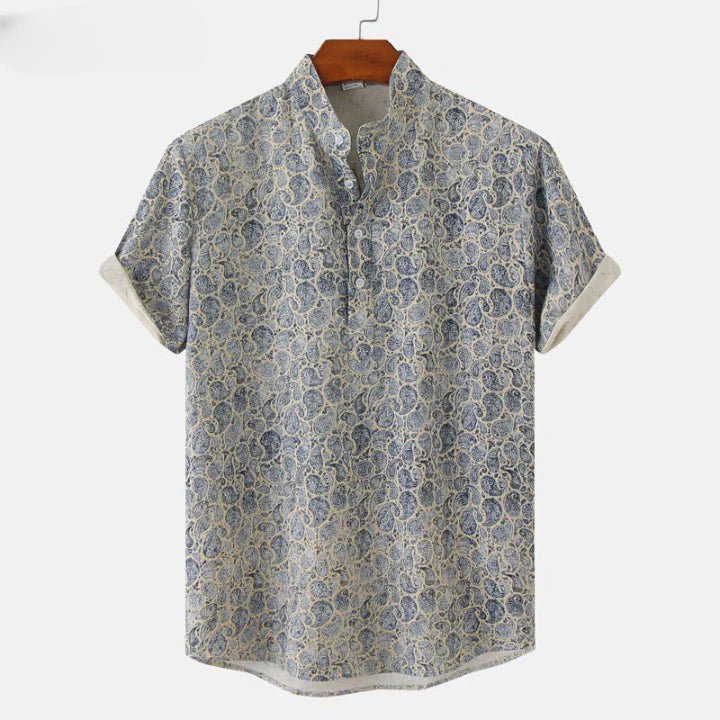 Men's linen blend coastal floral shirt sky blue mandarin collar short sleeve breathable summer top