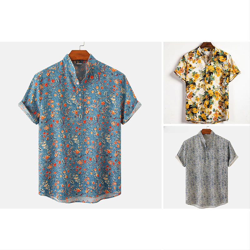 Men's linen blend coastal floral shirt short sleeve mandarin collar breathable beach casual fit