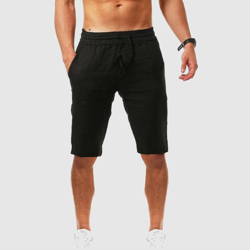 Men's beige slim-fit linen-blend coastal shorts with elastic waistband and functional pockets