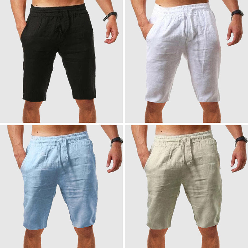 Men's beige slim-fit linen blend beach shorts with elastic waistband and functional pockets